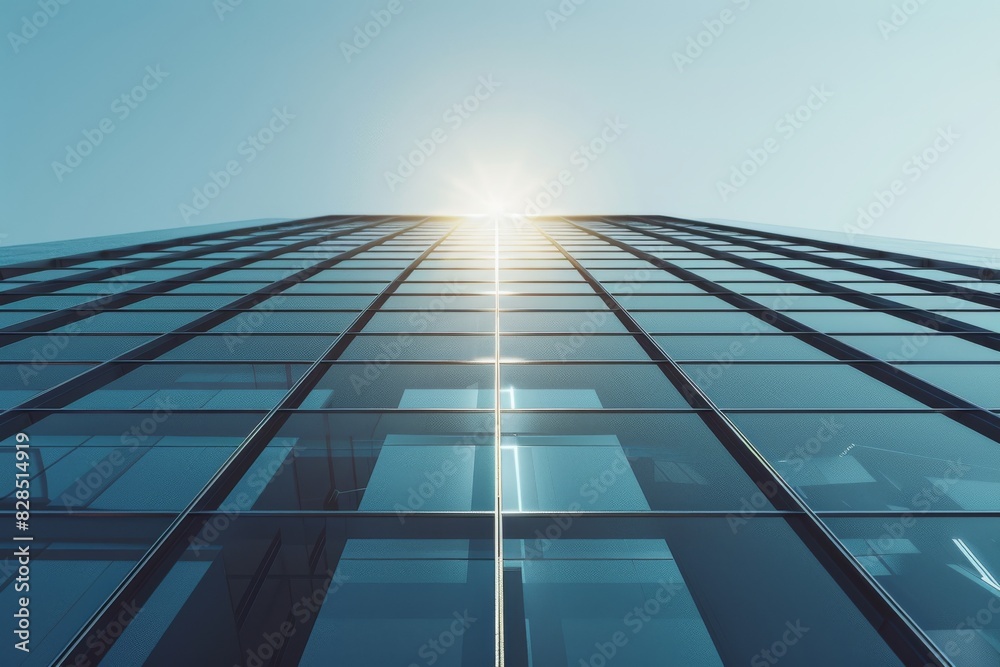 View of high rise glass building and dark steel window system on blue clear sky background Business concept of future architecture looking up to the sun light on the top of building. 3d render View of high rise glass building and dark steel window system on blue clear sky background Business concept of future architecture looking up to the sun light on the top of building. 3d render