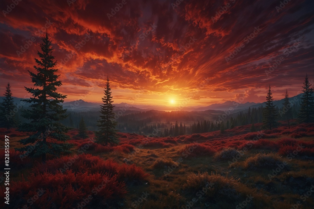 A beautiful sunset over a forest with a few trees in the foreground