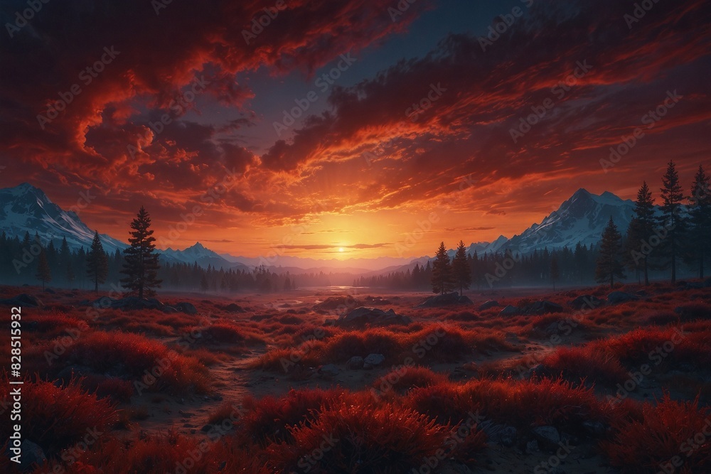 A beautiful sunset over a mountain range with a red sky