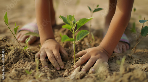 A child's hands planting a sapling in dry soil, symbol of hope and renewal in a parched land photo