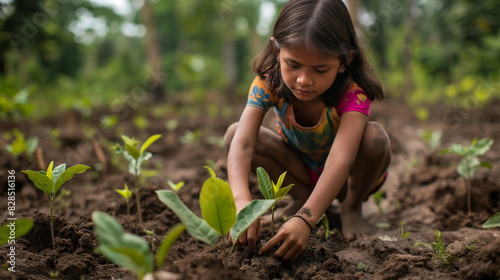 A girl planting saplings in a deforested area  embodying the resilience and determination needed to restore ecosystems