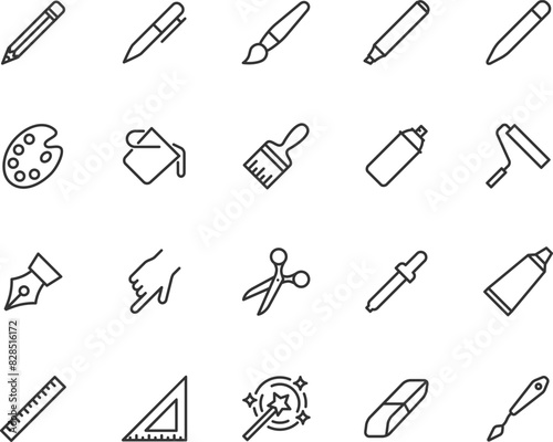 Vector set of drawing tools line icons. Contains icons pencil, pen, brush, bucket paint, palette knife, roller, palette, marker and more. Pixel perfect.