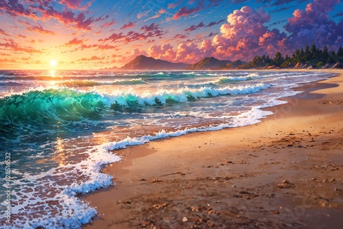 A beautiful beach scene with a large wave crashing on the shore