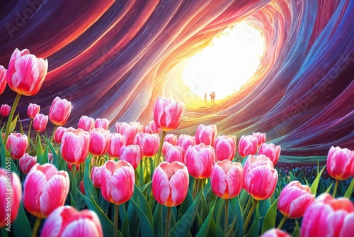 A field of pink tulips with a sun shining through a tunnel