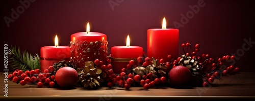 christmas candles and decorations, Two burning candles on dark surface with blurred lights