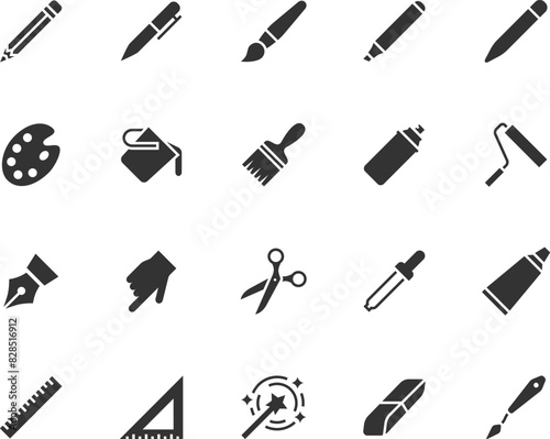 Vector set of drawing tools flat icons. Contains icons pencil, pen, brush, bucket paint, palette knife, roller, palette, marker and more. Pixel perfect.