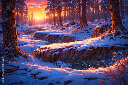 A snowy forest with a river running through it