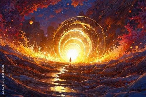 A person stands in front of a large, glowing circle
