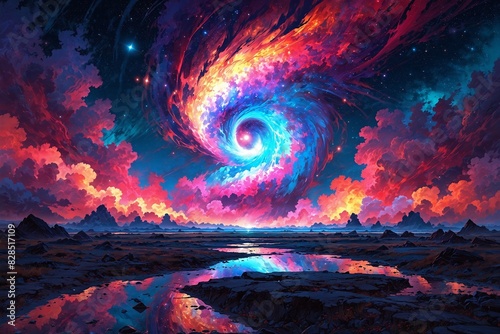 A colorful swirl of a spiral galaxy with a bright blue center