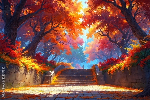 A beautiful autumn scene with a path lined with trees and a bridge