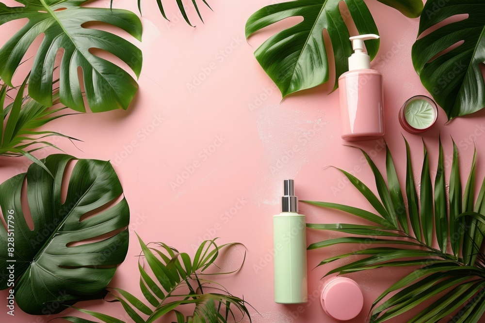 Cosmetics make-up advertising background with green leaves Cosmetics make-up advertising background with green leaves