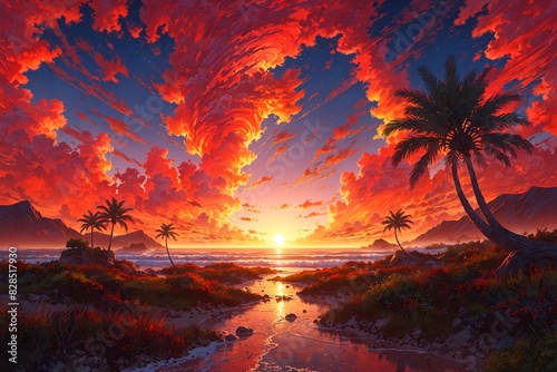A beautiful sunset with a palm tree in the foreground