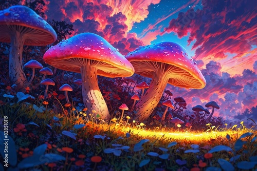 A colorful painting of three red mushrooms and a field of flowers