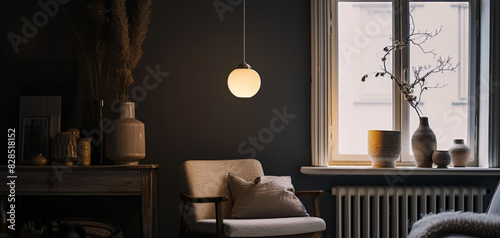Living room on the background of a dark classic wall with lighting by AI generate.