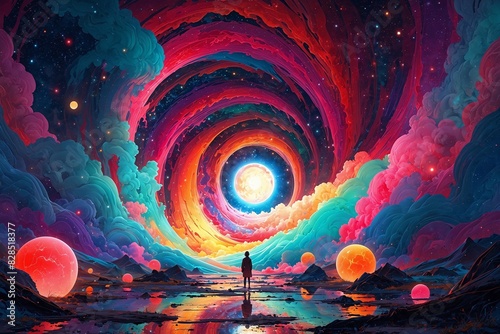 A colorful space scene with a person standing in the middle of a spiral
