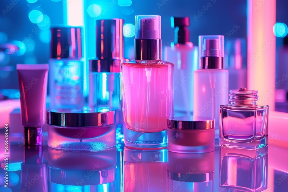 Presentation of cosmetics against a background of neon lights Presentation of cosmetics against a background of neon lights