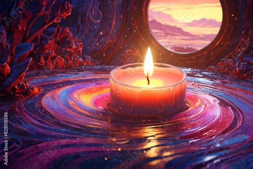 A candle is lit in a glass bowl with a colorful swirl in the water
