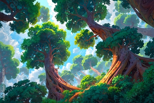 A forest scene with trees that are twisted and gnarled