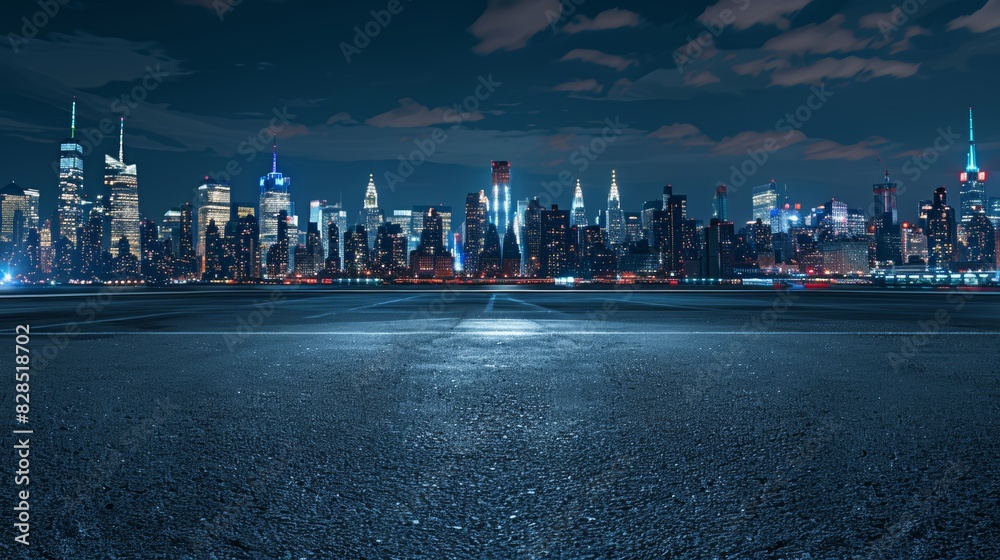 New York urban cityscape skyline night scene with empty asphalt floor on front 