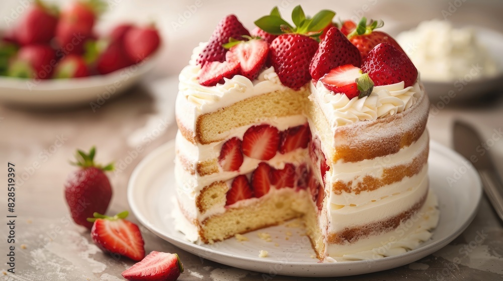 A delicate vanilla cake featuring layers of fresh strawberries and cream