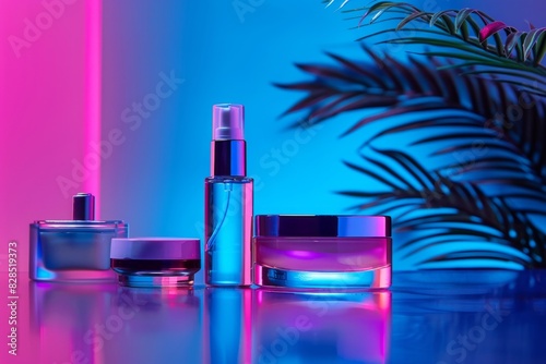 Presentation of cosmetics against a background of neon lights