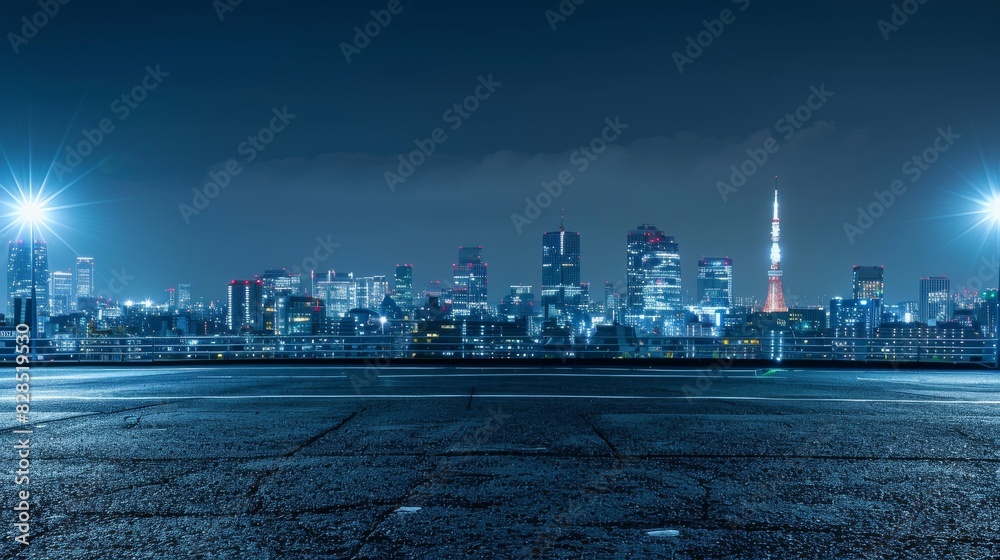Tokyo urban cityscape skyline night scene with empty asphalt floor on front 