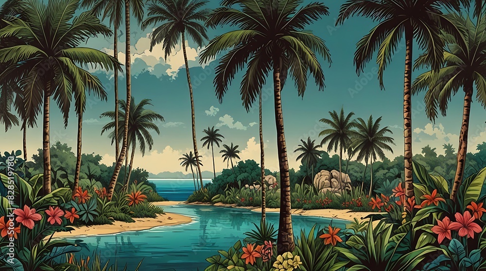 black-and-white illustration of a tropical jungle with palm trees
