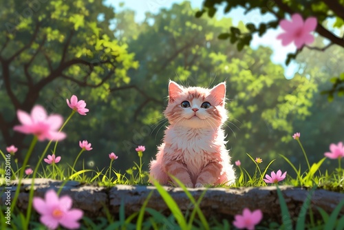 A cat is sitting in a field of pink flowers