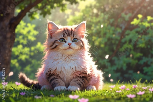 A cat is sitting in a grassy field with pink flowers in the background