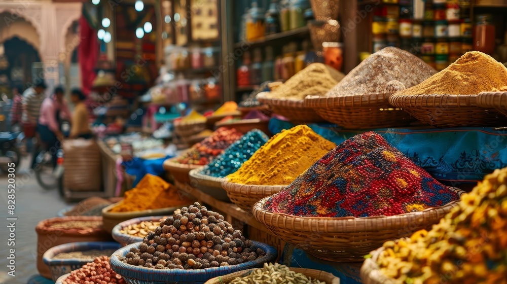 Adventurous exotic travel scene with a vibrant marketplace, colorful spices and fabrics, and the lively hustle and bustle of local culture Adventurous exotic travel scene with a vibrant marketplace, colorful spices and fabrics, and the lively hustle and bustle of local culture