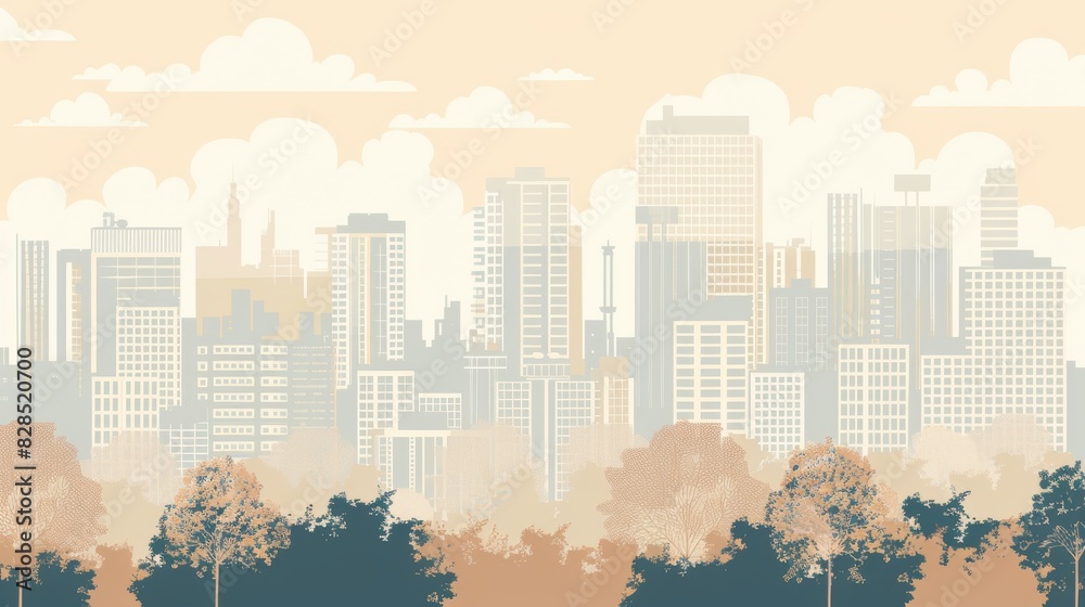 Light beige cityscape background. City buildings and trees at park view. Monochrome urban landscape with clouds in the sky. Modern architectural flat style vector illustration. 