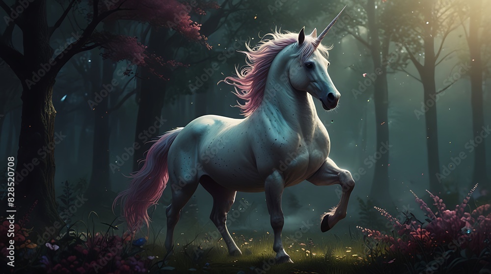 Naklejka premium unicorn in a forest. The unicorn is white with a pink mane and tail