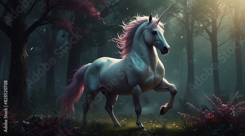  unicorn in a forest. The unicorn is white with a pink mane and tail