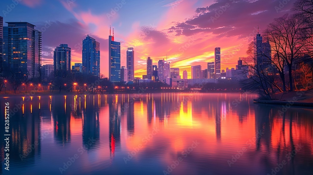 Fototapeta premium Cityscape at dawn with skyscrapers bathed in the soft glow of the rising sun, reflecting off the calm river below