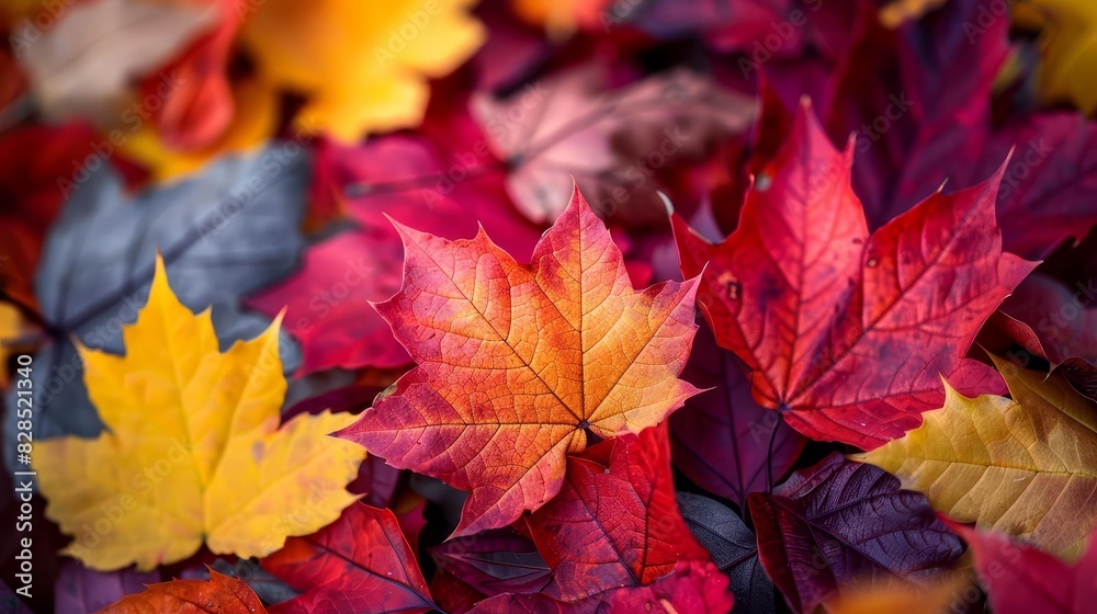 Closeup of autumn leaves in various shades of red, orange, and yellow, illuminated by soft sunlight, capturing the essence of fall Closeup of autumn leaves in various shades of red, orange, and yellow, illuminated by soft sunlight, capturing the essence of fall