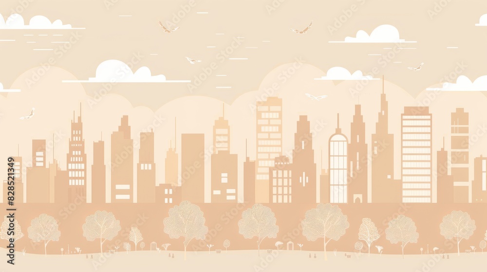 Light brown cityscape background. City buildings and trees at park view. Monochrome urban landscape with clouds in the sky. Modern architectural flat style vector illustration. 