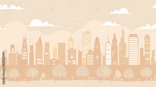 Light brown cityscape background. City buildings and trees at park view. Monochrome urban landscape with clouds in the sky. Modern architectural flat style vector illustration. 