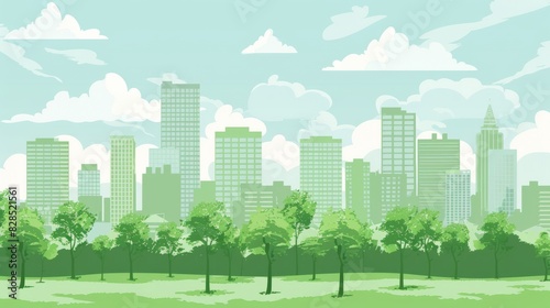 Light green cityscape background. City buildings and trees at park view. Monochrome urban landscape with clouds in the sky. Modern architectural flat style vector illustration. 