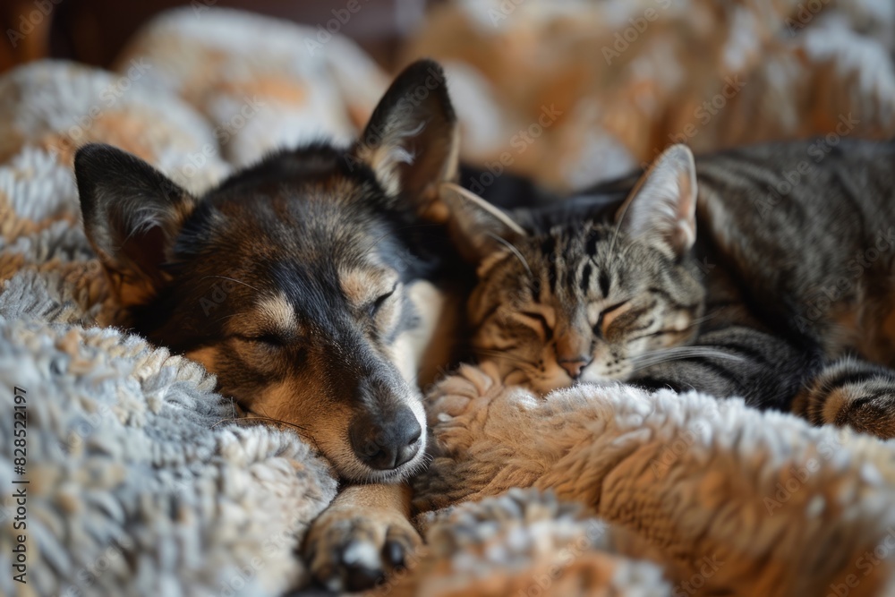 Cat and dog on the bed in the bedroom