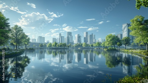 Tranquil City Park with Lake and Buildings