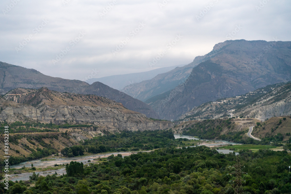 Caucasian mountain. Dagestan. Trees, rocks, mountains, view of the green mountains. Beautiful summer landscape.