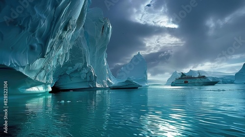 Stunning view of serene icebergs floating in calm Arctic waters under a dramatic cloudy sky, capturing nature's frozen beauty and tranquility. photo