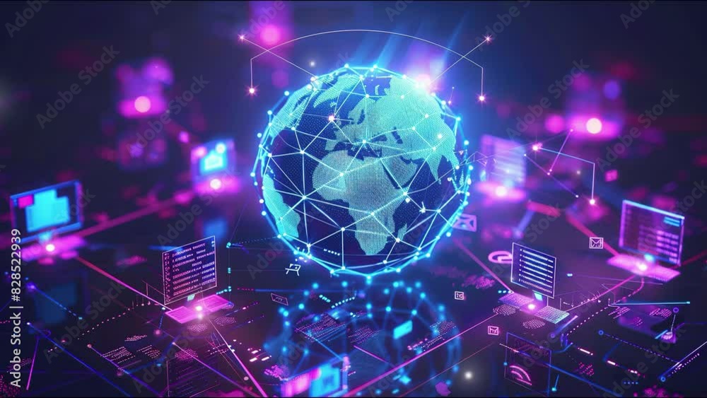 Global connection concept. Representation of the globe surrounded by technology icons. Global social media network. Digital globe symbolizing the internet. Communication technology background