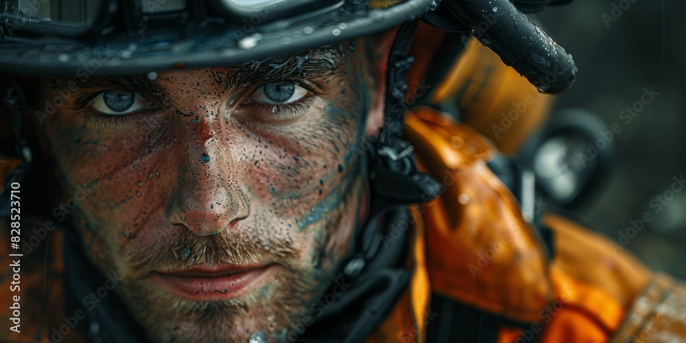 Intense Portrait of Dirty Firefighter. Close-up portrait of a firefighter with dirt-streaked face, showcasing determination and resilience in challenging conditions. Intense Portrait of Dirty Firefighter. Close-up portrait of a firefighter with dirt-streaked face, showcasing determination and resilience in challenging conditions.