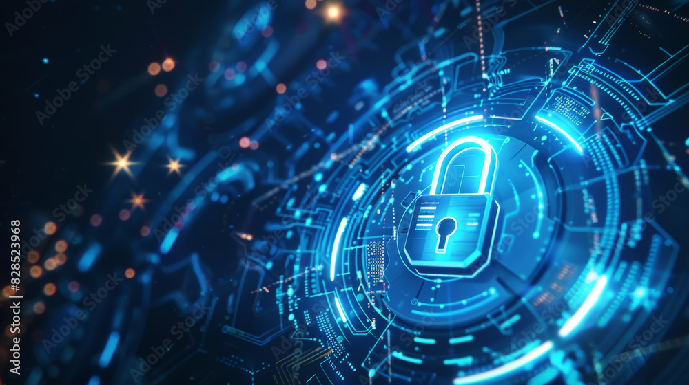 Obraz premium Digital access lock. Dark blue business and technology background, data protection and cyber security. Generative AI