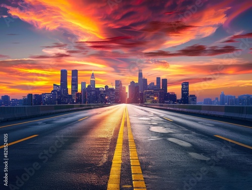 Asphalt road and modern city skyline with buildings scenery at sunset 