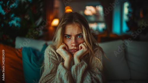Serious blonde woman looking at camera with hands on chin sitting in living room