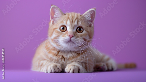 Lavender Dreaming: Scottish Fold Cat Lying Gracefully on Lavender Background
