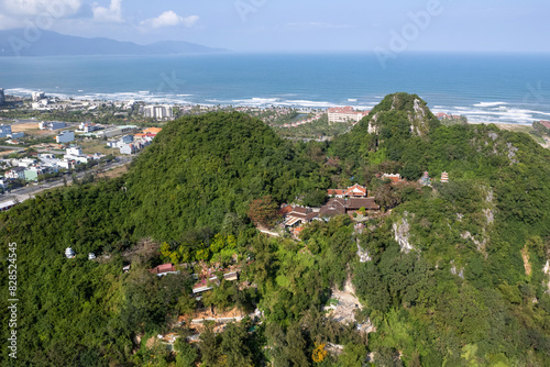 Aerial view of Marble Mountains (one of the most populars attractions in the city) on sunny day. Da Nang, Vietnam.