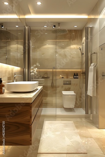 Bathroom interior with beige marble tiles and wooden vanity photo